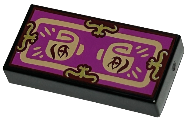 Tile 1 x 2 with Gold Shapes, Nougat Border and Minifigure Hands with Dark Red Eyes on Magenta Background Pattern (Dr Facilier Fortune Card)