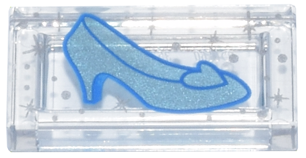 Tile 1 x 2 with Metallic Light Blue Shoe with Heel and Heart, Silver Sparkles and Dots Pattern (Cinderella Glass Slipper)