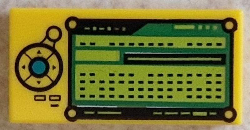 Tile 1 x 2 with Control Panel with Dark Turquoise Button, Black Directional Pad, Bright Green and Lime Screen with Rectangles Pattern