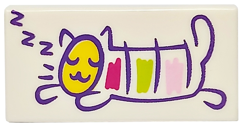 Tile 1 x 2 with Dark Purple 'zzz' and Sleeping Cat with Yellow Head, Bright Pink, Lime and Magenta Patches Pattern