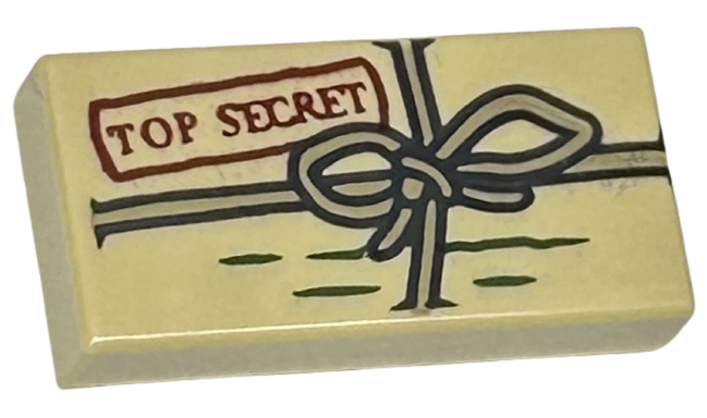 Tile 1 x 2 with Package with Dark Red 'TOP SECRET' Stamp, Dark Green Lines and Dark Tan String with Bow Pattern