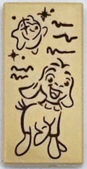 Tile 1 x 2 with Reddish Brown Lamb / Goat, Wish Star, Dots, Sparkles, and Scribbles Pattern