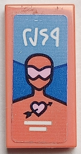 Tile 1 x 2 with Comic Character with Bright Pink Mask, Heart with Arrow, White Writing and Lines Pattern (Sticker) - Set 41739