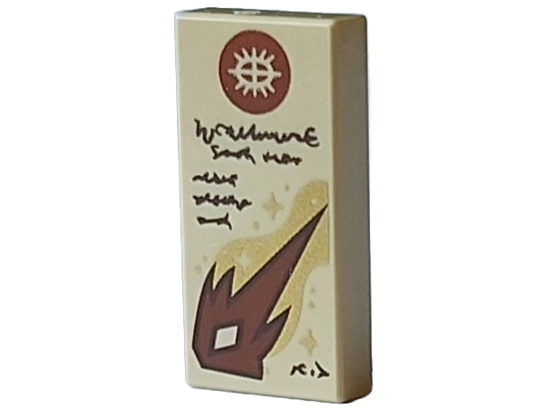 Tile 1 x 2 with Reddish Brown Circle with Symbol, Gold Stars and Dark Brown Text Pattern (Dungeons & Dragons Spell Scroll of Magic Missile)
