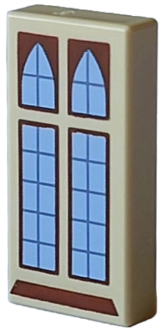 Tile 1 x 2 with Reddish Brown Windows and Sill, Dark Bluish Gray Panes and Bright Light Blue Glass Pattern