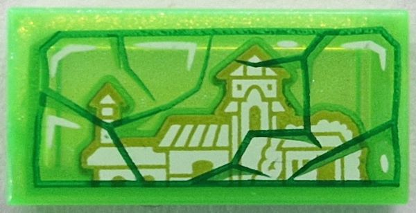 Tile 1 x 2 with Green and Bright Green Cracks and Lime and White Casa Madrigal House Top Half Pattern