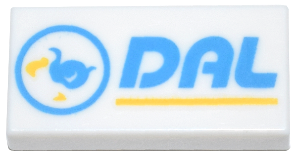 Tile 1 x 2 with Dark Azure and Yellow Circle, Bird, and 'DAL' Pattern (Animal Crossing Dodo Airlines Logo)