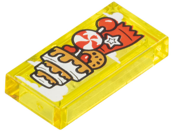 Tile 1 x 2 with Clouds and Red, White and Medium Nougat Floating Candy Castle with Cake, Lollipop, Cookie and Star Pattern