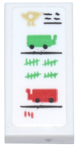 Tile 1 x 2 with Gold Mail Horn, Black Text and Lines, Bright Green and Red Carts and Tally Marks Pattern (Sticker) - Set 10339