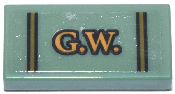 Tile 1 x 2 with Bright Light Orange and Black 'G.W.' and Thin Lines Pattern (Sticker) - Set 76437