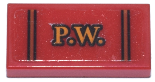 Tile 1 x 2 with Bright Light Orange and Black 'P.W.' and Thin Lines Pattern (Sticker) - Set 76437