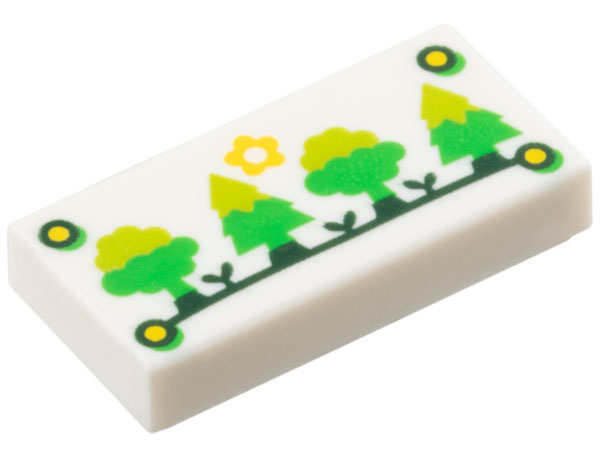 Tile 1 x 2 with Yellow Flower Sun and Nails and Lime, Bright Green, and Dark Green Trees Pattern