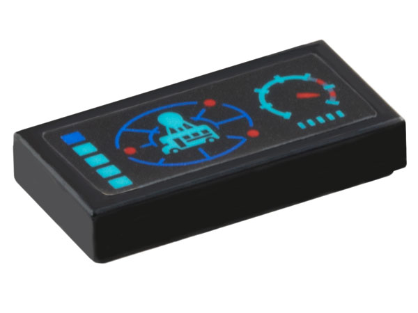 Tile 1 x 2 with Control Panel with Battle Bus on Blue Radar Screen, Medium Azure and Red Speedometer, Buttons and Dots Pattern (Sticker) - Set 77073