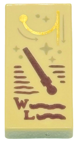 Tile 1 x 2 with Reddish Brown Wand, Capital Letter W, L, and Wingardium Leviosa Spell Scribbles, Dark Tan Sparkles and Arrows, Gold Swish and Flick Pattern