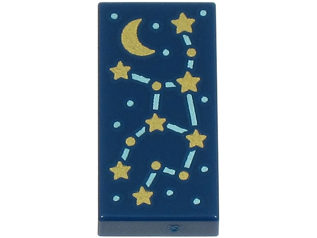 Tile 1 x 2 with Constellation with Metallic Light Blue Lines and Dots, Gold Stars and Crescent Moon Pattern