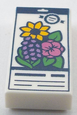 Tile 1 x 2 with Seed Packet with Dark Blue Lines and Bright Light Orange, Dark Pink and Medium Lavender Flowers with Bright Green Leaves Pattern