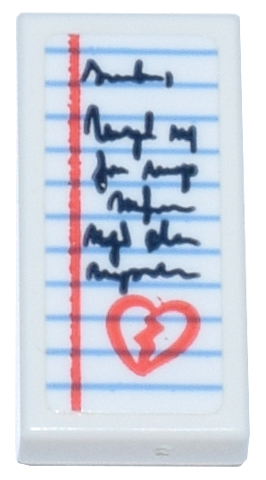 Tile 1 x 2 with Note Paper with Medium Blue Lines, Coral Margin and Broken Heart, Dark Blue Script Pattern (Sticker) - Set 42647