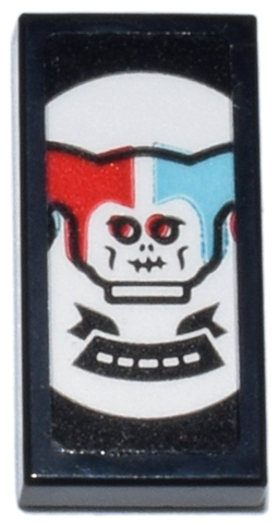 Tile 1 x 2 with Playing Card with White Skeleton Head with Medium Azure and Red Joker Hat (Ninjago Krazi) and Black Banner Pattern (Sticker) - Set 71837