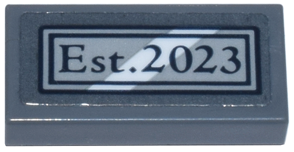 Tile 1 x 2 with Black and Light Bluish Gray Plaque with White Diagonal Stripe and 'Est. 2023' Pattern (Sticker) - Set 42670