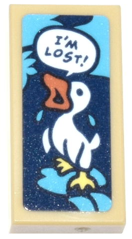 Tile 1 x 2 with White Duckling and Speech Bubble, Dark Blue 'I'M LOST!' and Medium Azure Tears Pattern (Sticker) - Set 43268