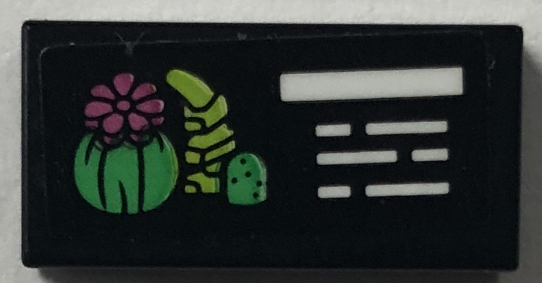Tile 1 x 2 with Plant Information Sign with White Lines, Magenta, Green and Lime Sucus, Cacti and Flower Pattern (Sticker) - Set 41757