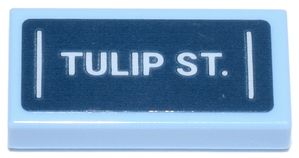 Tile 1 x 2 with Dark Blue Street Sign with White 'TULIP ST.' and Vertical Lines Pattern (Sticker) - Set 42671