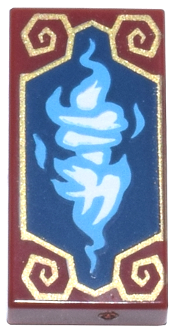 Tile 1 x 2 with Dark Azure Mirrored Dragon Heads with White Ninjago Logogram 'TB' on Dark Blue Panel with Gold Frame with Spirals Pattern