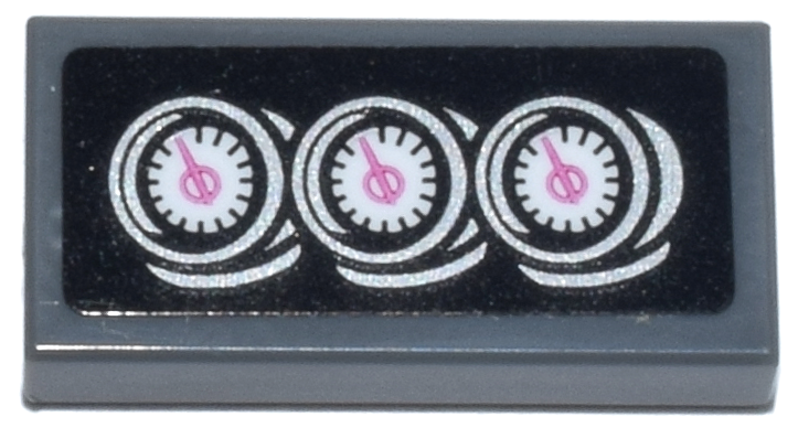 Tile 1 x 2 with Silver and White Dashboard Gauges with Dark Pink Dials on Black Background Pattern (Sticker) - Set 77241