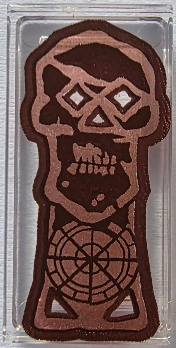 Tile 1 x 2 with Copper Skull with Teeth on Dark Brown Background Pattern (The Goonies Copper Bones Skeleton Key)
