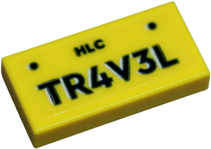 Tile 1 x 2 with License Plate with Black 'HLC TR4V3L' Pattern (Sticker) - Set 42659
