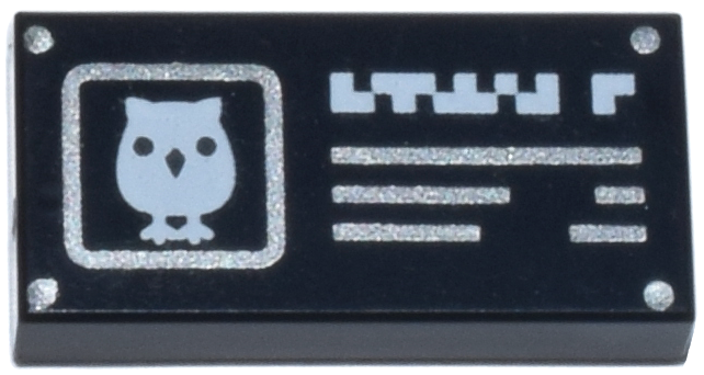 Tile 1 x 2 with Plaque with Silver Nails, Box, and Text Lines and White Owl and Pixelated Title Pattern