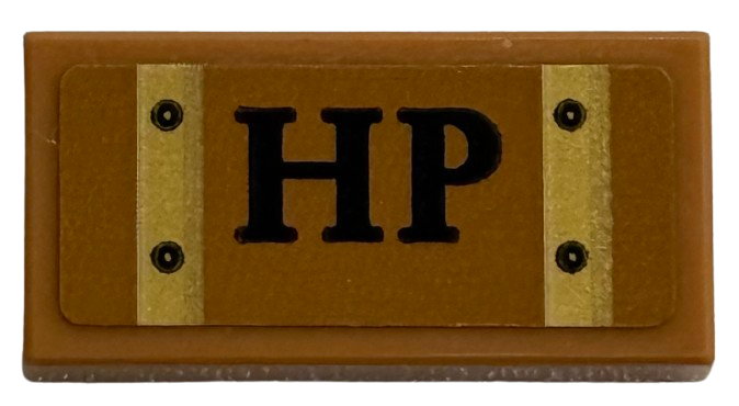 Tile 1 x 2 with Black 'HP' and Rivets on Gold Stripes / Straps Pattern (Sticker) - Set 76450