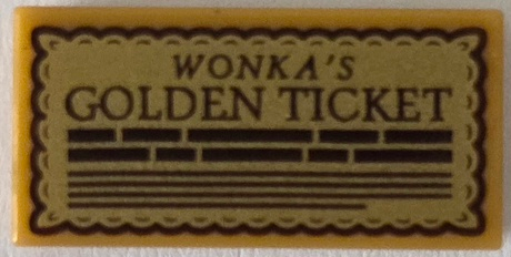 Tile 1 x 2 with Dark Brown 'WONKA'S GOLDEN TICKET' and Text Lines on Gold Background Pattern