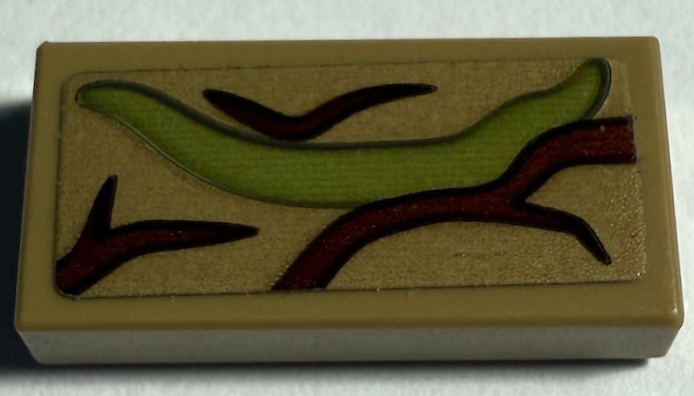 Tile 1 x 2 with Reddish Brown Tree Bark Plates and Olive Green Vine Pattern (Sticker) - Set 76249