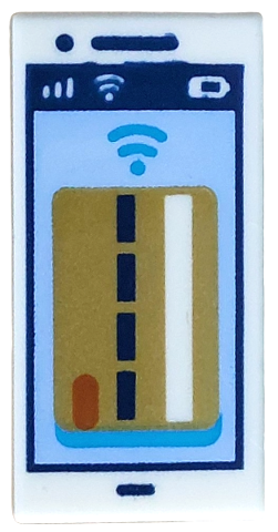 Tile 1 x 2 with Cell Phone / Smartphone with Gold Debit / Credit Card on Bright Light Blue Background, Signal Strength, WiFi, Battery Level and Dark Blue Outline, Blue Contactless Payment Symbol Pattern