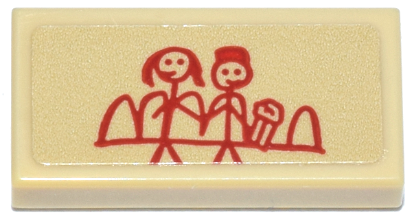 Tile 1 x 2 with Red Stick Figure Drawing Pattern (Sticker) - Set 11370