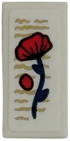 Tile 1 x 2 with Red Poppy Flower and Tan Writing Scribbles Pattern (Sticker) - Set 75687
