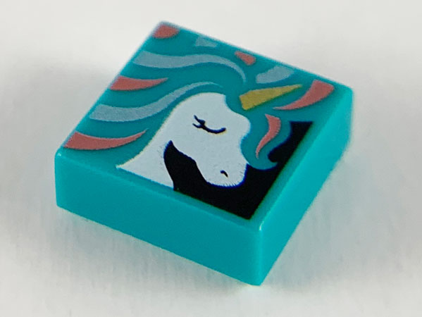 Tile 1 x 1 with White Unicorn Head, Gold Horn, and Metallic Light Blue and Coral Mane Pattern