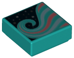 Tile 1 x 1 with Metallic Light Blue and Coral Swirl on Black Background Pattern