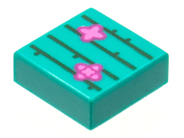 Tile 1 x 1 with Dark Green Cactus Lines, Magenta and Dark Pink Flowers Pattern