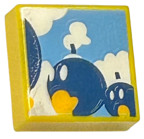 Tile 1 x 1 with Dark Blue Walking Bombs and White Clouds on Medium Blue Background Pattern (Super Mario Bob-Omb Battlefield)