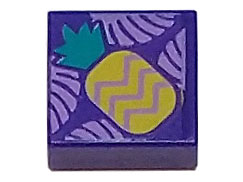 Tile 1 x 1 with Medium Lavender Tropical Leaves and Yellow Pineapple with Dark Turquoise Top Pattern