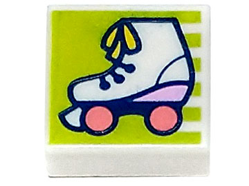 Tile 1 x 1 with Roller Skate with Yellow Laces, Bright Pink Heel, and Coral Wheels on Lime Background with Stripes Pattern