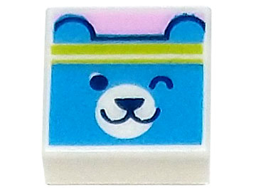 Tile 1 x 1 with Dark Azure Bear Head with Winking Face and Lime Headband on Bright Pink Background Pattern