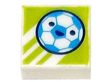 Tile 1 x 1 with Dark Azure and White Soccer Ball / Football with Face on Lime Background with Diagonal Stripes Pattern