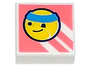 Tile 1 x 1 with Yellow Tennis Ball with Face and Dark Azure Headband on Coral Background with Diagonal Stripes Pattern
