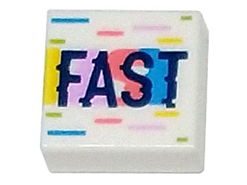 Tile 1 x 1 with Dark Blue 'FAST' with Yellow, Bright Pink, Coral, Dark Azure, and Lime Highlights and Lines Pattern