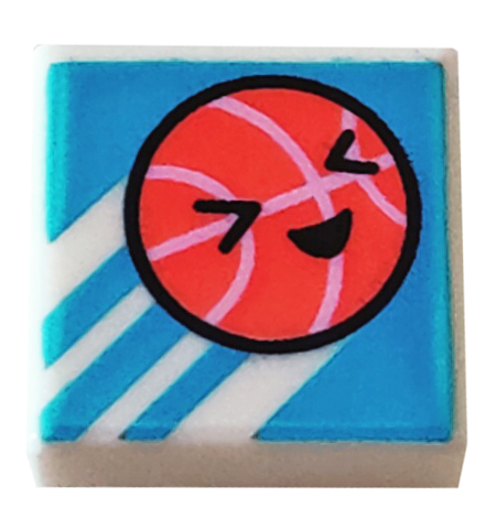Tile 1 x 1 with Coral Basketball with Face and Bright Pink Lines on Dark Azure Background with Diagonal Stripes Pattern