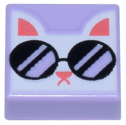Tile 1 x 1 with White Cat Head with Black Sunglasses and Coral Ears, Nose, and Mouth Pattern