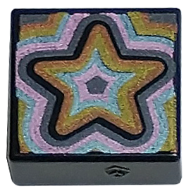 Tile 1 x 1 with Copper, Gold, Metallic Light Blue, Metallic Pink, and Dark Silver Concentric Stars Pattern